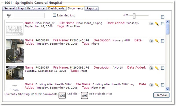 The Documents Tab provides document management functionality.  Attached photos, drawings, spreadsheets, or any other kind of document to items in the navigation tree.  Open them with a double click.